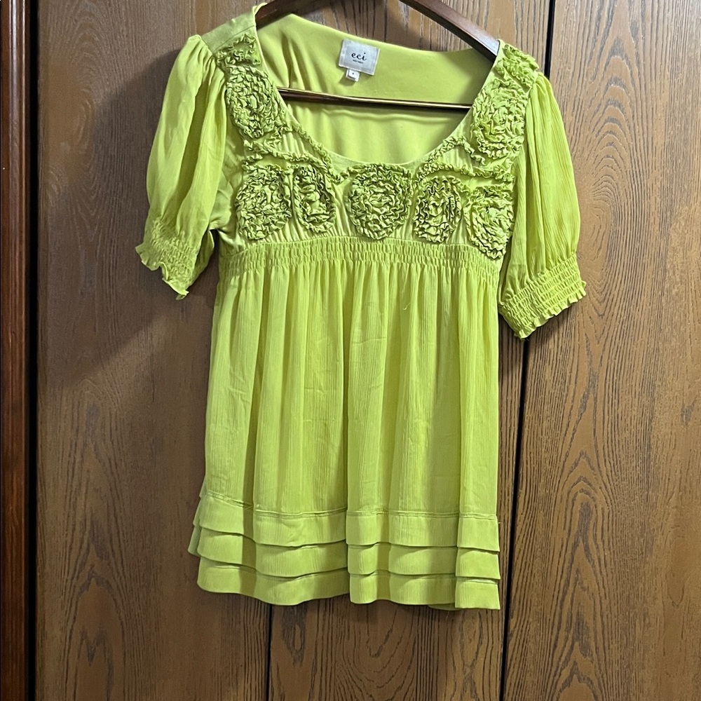 ECI Bright Green Blouse with Ruffle Details